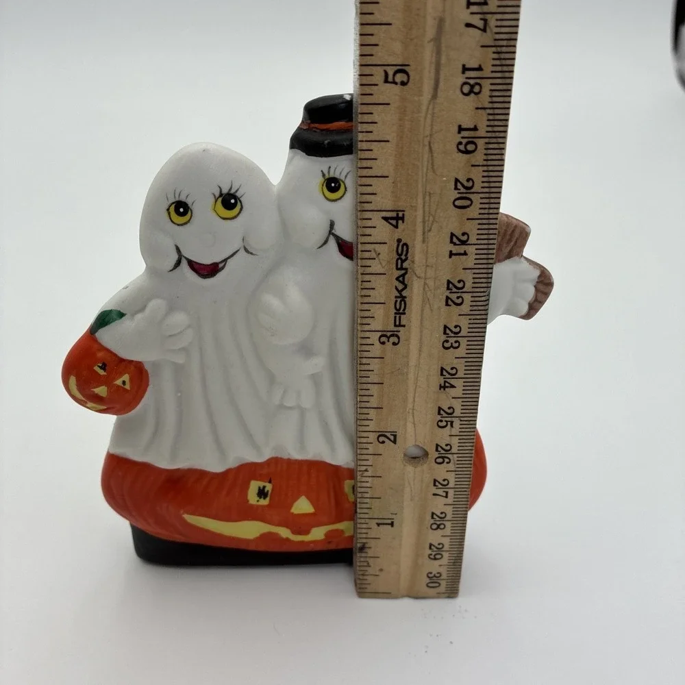 Halloween Ghost Couple Jack-O-Lantern Ceramic Tea Light Candle Holder Figurine
